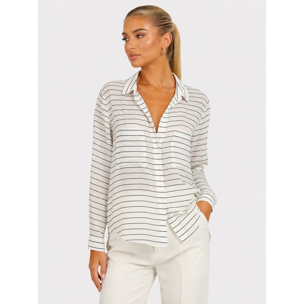 Club Monaco White Black Striped Long Sleeve Button Down Shirt Pockets XS